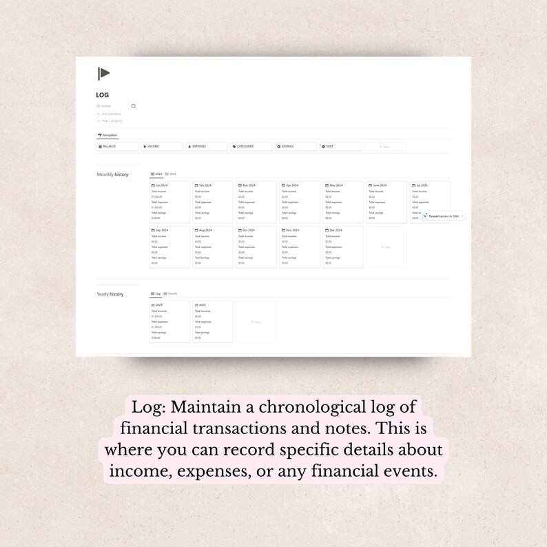 May include: A printable log sheet for tracking monthly and yearly income, expenses, and savings. The sheet is divided into columns for each month of the year, with sections for total income, total expenses, and total savings. The sheet also includes a section for yearly totals.