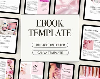 May include: A pink and white ebook template with the text "EBOOK TEMPLATE" in black. The template is 80 pages and is designed for US Letter size paper. The template is available on Canva.