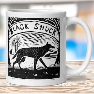 Schwarzer Shuck Teufel Hund East Anglia, Norfolk Suffolk Folklore Weiß glänzende Tasse