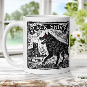 Schwarzer Shuck Teufel Hund East Anglia, Norfolk Suffolk Folklore Weiß glänzende Tasse