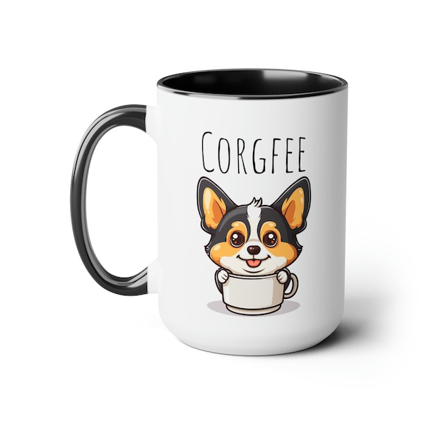 Tri-Color Corgfee Mug, Cute Corgi Gift, Dog Lover, Birthday, Pembroke Welsh Corgi, Black Mug, Pet Mug, Red Headed Tri Color