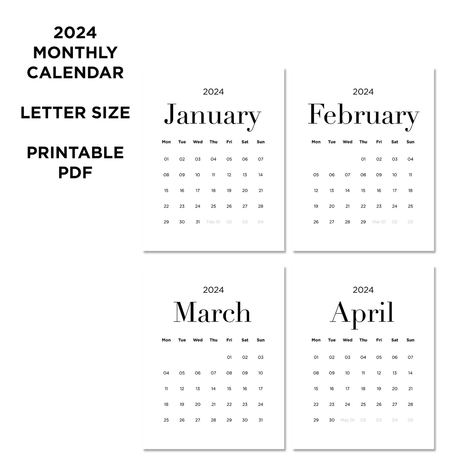2024 Monthly Minimalist Calendar PRINTABLE PDF 2024, Letter Size, Wall