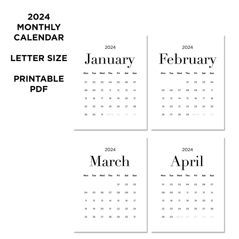 2024 Monthly Minimalist Calendar PRINTABLE PDF 2024 Letter Size Wall 2024-monthly-minimalist-calendar-printable-pdf-2024-letter-size-wall