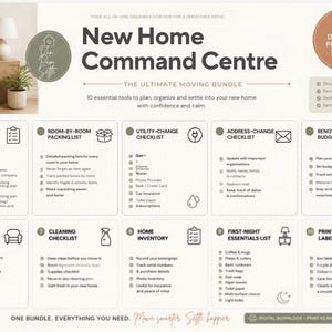 Op de afbeelding: Een digitaal en printbaar New Home Command Centre-pakket met tien essentiële planningstools. Het document bevat checklists voor verhuizen, inpakken, nutsvoorzieningen, adreswijzigingen, renovatiebudgetten, meubelplanning, schoonmaak, inventaris, benodigdheden voor de eerste nacht en printbare labels.
