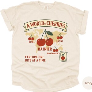 Welt der Kirschen Shirt, Vintage Fruit Map T-Shirt, pädagogisch wertvolles Kirsch-T-Shirt, Travel Style Comfort Colors, Retro Food Science Top