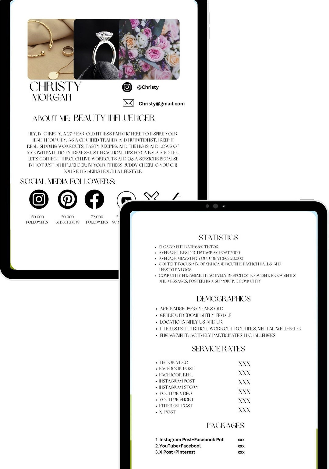 2 Page Media Kit Influencer Rate Sheet Fashion Influencer Beauty