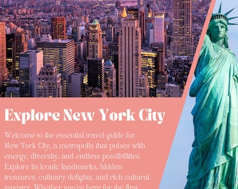 Op de afbeelding: Een reisgids voor New York City met een roze achtergrond en een foto van de skyline van de stad en het Vrijheidsbeeld. De tekst luidt "Explore New York City".