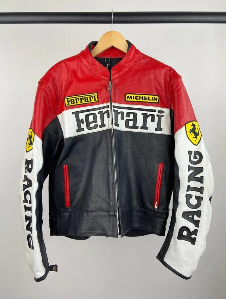 Ferrari F1 Racing Red & Black Jacket Real Cowhide Leather Formula Men's ...