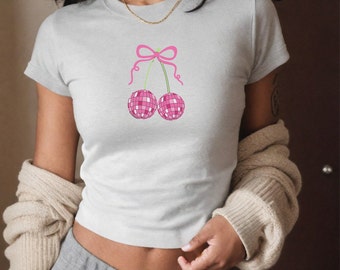 Coquette Pink Bow Baby Tee, Pink Disco Ball Pink Ribbon 90s Baby Tee, Cute Fitted Tee, Aesthetic Pink Bow Shirt, Short-fit Baby Tee,y2k Bow