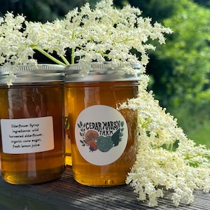 Könnte beinhalten: Zwei Gläser gefüllt mit bernsteinfarbenem Holundersirup, jeweils mit einem silbernen Metalldeckel verschlossen. Ein Glas hat ein weißes Etikett mit dem Text Cedar Marsh Farm und einer botanischen Illustration, das andere listet Zutaten.