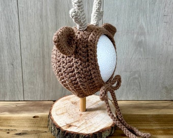 Crochet Deer Bonnet: Handmade Woodland Animal Reindeer Hat - Etsy