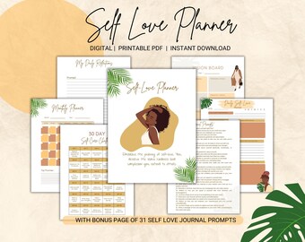 Self-Love Planner, Self-Care Planner, Self-Love Journal, Self-Care Challenge, Daily Planner, Journal Prompts, Black woman art, Printable