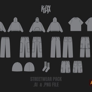 Könnte beinhalten: Ein Streetwear-Bekleidungspaket mit einer Auswahl an Kleidungsstücken, darunter Hoodies, T-Shirts, Hosen, Shorts und Mützen. Die Artikel sind alle in Grau gehalten und mit Schwarz umrandet. Der Text "KIXX" befindet sich oben im Bild. Der Text "STREETWEAR PACK .AI & .PNG FILE" befindet sich unten im Bild. Die Symbole für Adobe Illustrator und Adobe Photoshop befinden sich ebenfalls unten im Bild.