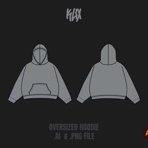 May include: A gray oversized hoodie with a front pocket and a drawstring hood. The hoodie is shown in a front and back view. The text "KIXX" is at the top of the image. The text "OVERSIZED HOODIE .AI & .PNG FILE" is at the bottom of the image. The icons for Adobe Illustrator and Adobe Photoshop are also at the bottom of the image.