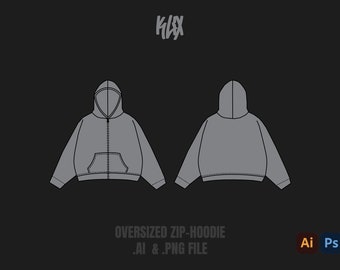 Oversized Zip Hoodie Template Tech Pack Streetwear Vector Template Illustrator Mockup Procreate Mockup Clothing Flat Blank Vector Tech Pack