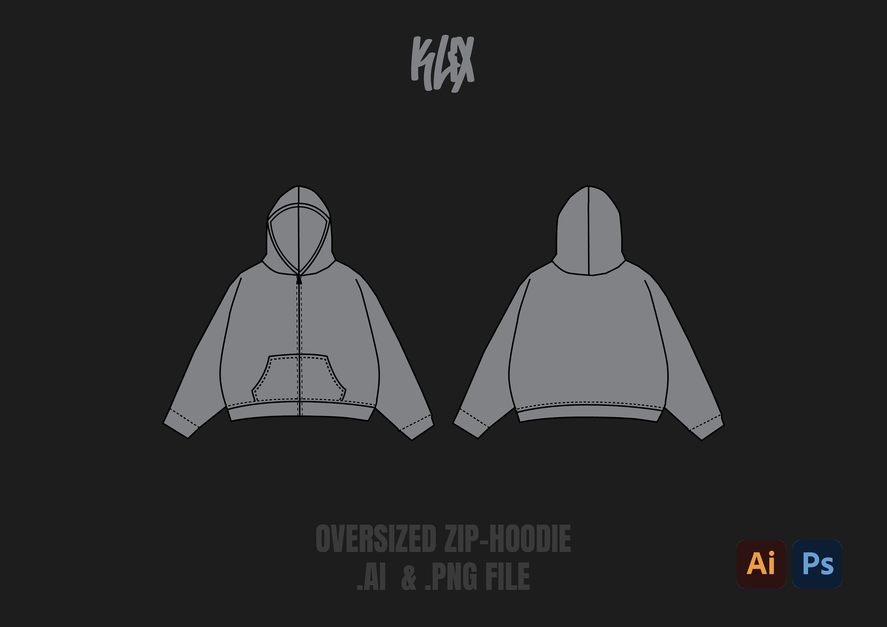 Oversized Zip Hoodie Template Tech Pack Streetwear Vector Template Oversized Zip Hoodie Template Tech Pack Streetwear Vector Template