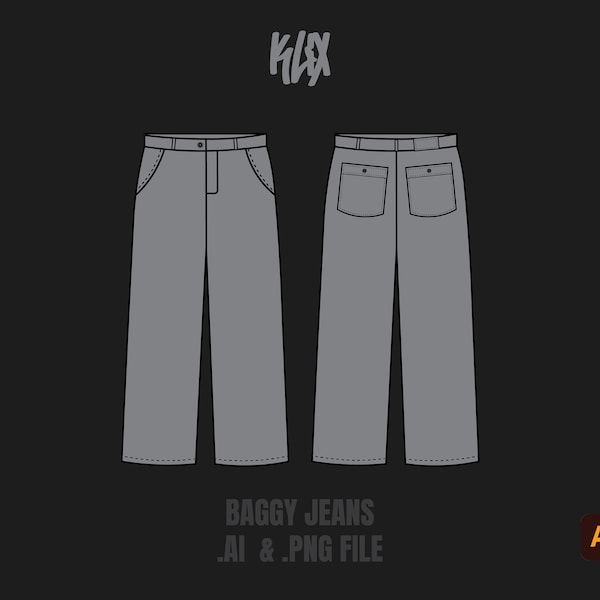 Baggy Jeans Template Tech Pack Streetwear Vector Template Illustrator Mockup Procreate Mockup Clothing Flat Blank Vector Tech Pack
