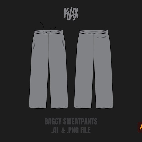 Baggy Sweatpants Template Wide Tech Pack Streetwear Vector Template Illustrator Mockup Procreate Mockup Clothing Flat Blank Vector Tech Pack