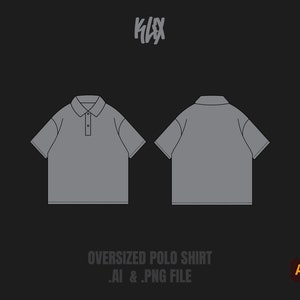 May include: A grey oversized polo shirt with a button-up collar. The shirt is shown from the front and back. The text "OVERSIZED POLO SHIRT .AI & .PNG FILE" is at the bottom of the image.
