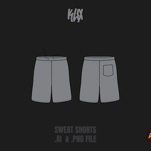 May include: A front and back view of a gray sweat short design template. The shorts have a drawstring waist and a pocket on the right side. The text "SWEAT SHORTS .AI & .PNG FILE" is below the image.