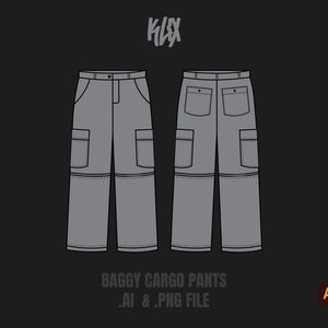 May include: A line drawing of gray baggy cargo pants with two large pockets on each leg. The pants are shown from the front and back. The text "BAGGY CARGO PANTS .AI & .PNG FILE" is below the image.