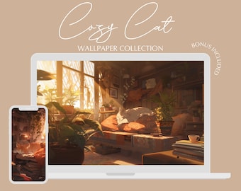 COZY CAT Wallpaper Collection | Studio Ghibli  | Cozy | Cute | Warm Color Palette | Kawaii | Cats | Anime Inspired | Kitty | Books | Plants