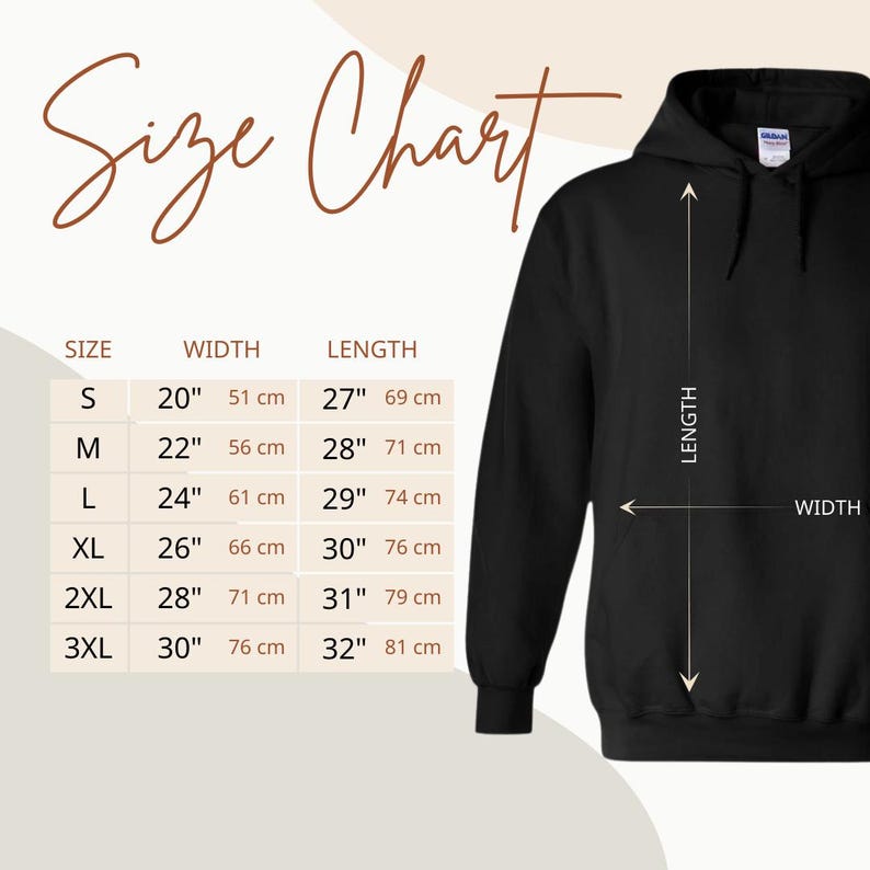 Gildan hoodie size chart with width and length measurements for sizes S to 3XL.