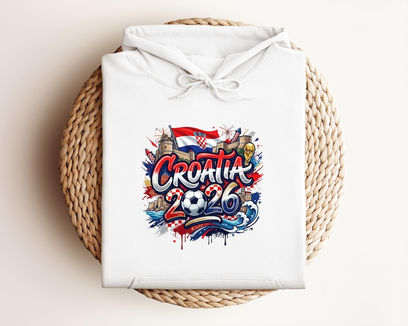 White hoodie with "Croatia 2026" graphic featuring a Croatian flag and soccer elements.