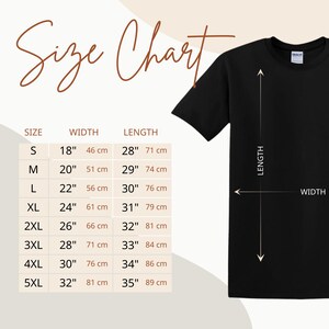 Gildan t-shirt size chart showing S to 5XL measurements for width and length.