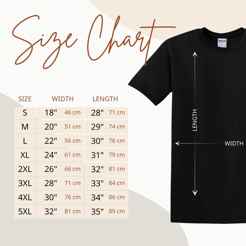Gildan t-shirt size chart showing S to 5XL measurements for width and length.