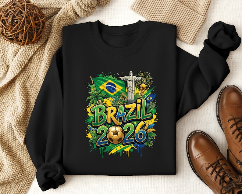 Black sweatshirt with Brazil flag, Christ the Redeemer, and "Brazil 2026" text.