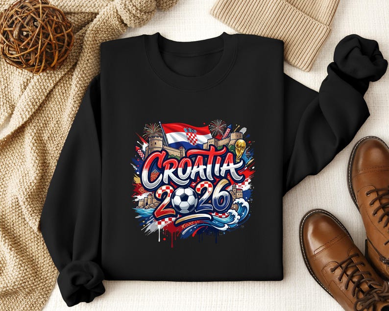 Black sweatshirt with "Croatia 2026" text and flag elements.