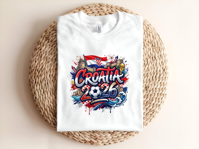 White t-shirt featuring "Croatia 2026" text with Croatian flag, castle, and waves.