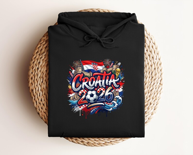 Black hoodie with "Croatia 2026" graphic featuring flag and soccer elements.