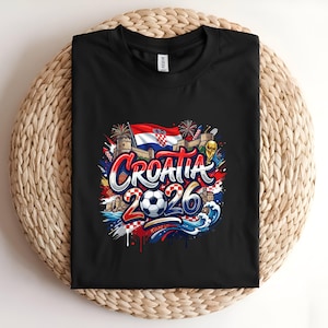 Black t-shirt with "Croatia 2026" design featuring flags, soccer ball, and cityscape.