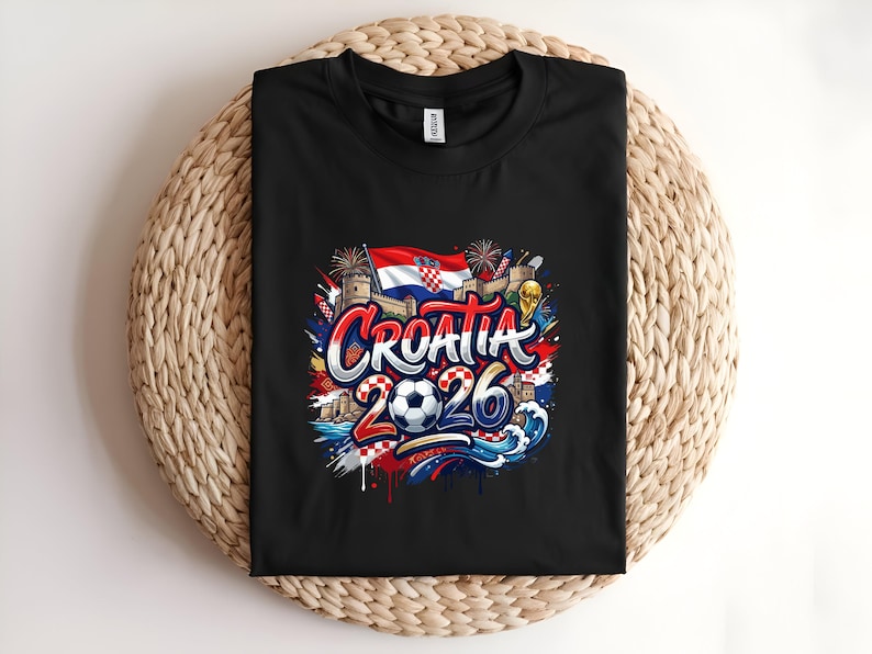 Black t-shirt with "Croatia 2026" design featuring flags, soccer ball, and cityscape.