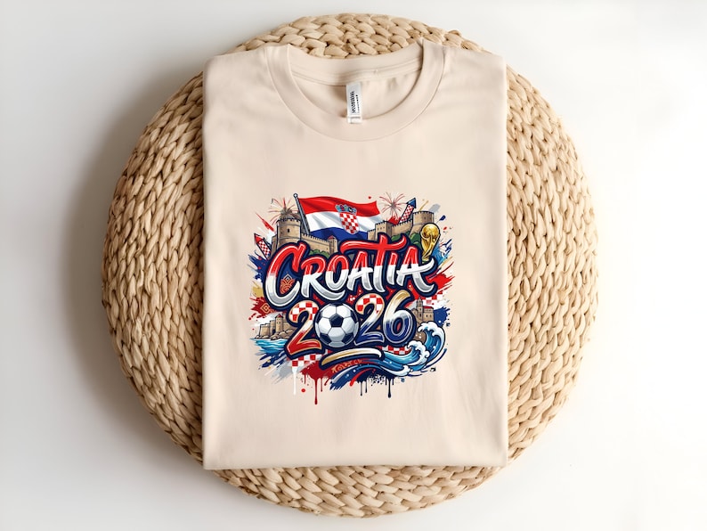 Cream t-shirt with "Croatia 2026" design featuring flags, fireworks, and waves.