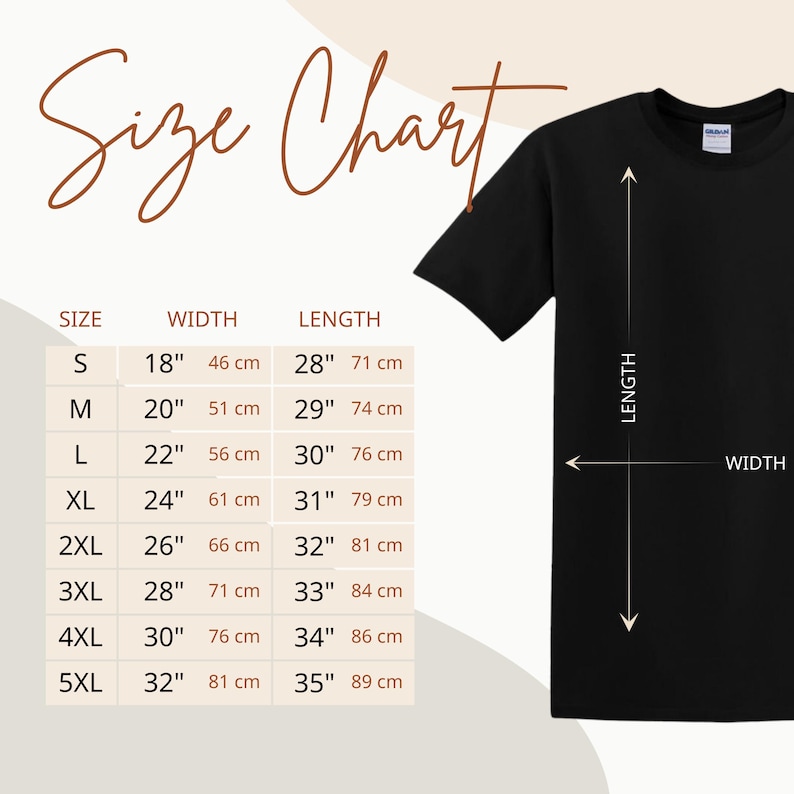 Gildan t-shirt size chart with width and length measurements in inches and centimeters.