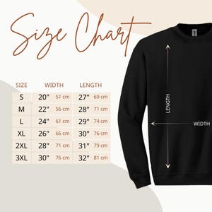 Sweatshirt size chart showing width and length measurements for sizes S through 3XL.
