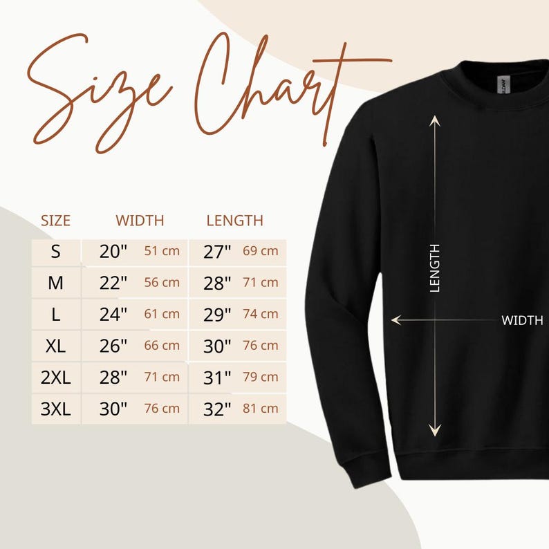 Sweatshirt size chart showing width and length measurements for sizes S through 3XL.