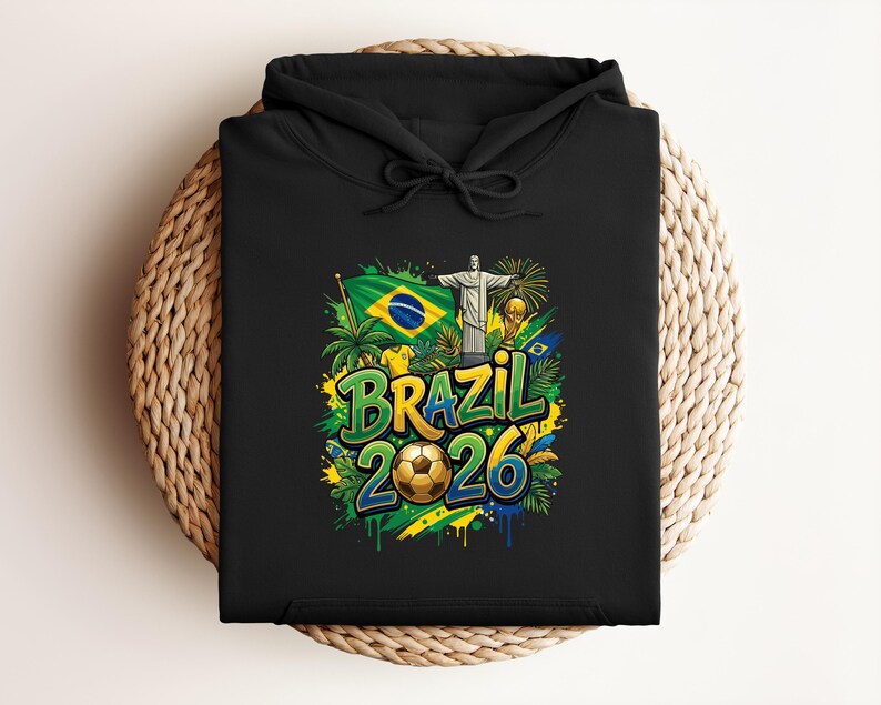 Black hoodie with "Brazil 2026" text, Brazilian flag, Christ the Redeemer, and soccer ball.