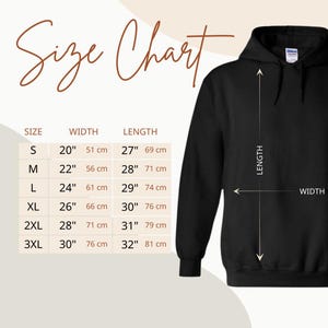Gildan hoodie size chart with width and length measurements.