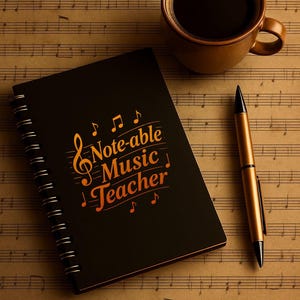 Op de afbeelding: Een zwart spiraalgebonden notitieboek met de tekst "Note-able Music Teacher" in oranje, een gouden pen en een bruine koffiemok op een achtergrond van muzieknoten. De pen is goudkleurig met een zwarte punt.