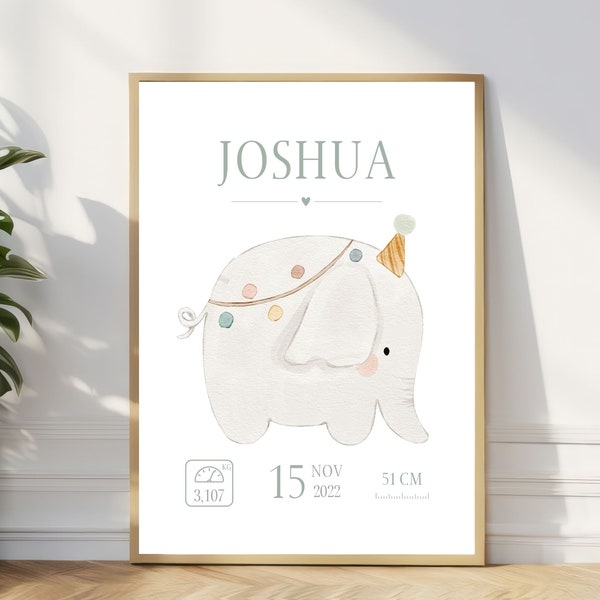 Baby Boy Elephant Illustration | Birth Details Nursery Printable Decor | Kids Playroom Wall Decor | Art Printable Instant Download