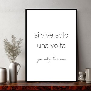 Pode incluir: Impressão emoldurada em preto e branco com o texto "si vive solo una volta" e "you only live once" em escrita cursiva.
