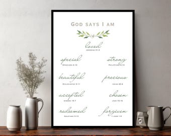 Scripture Wall Art: God Says I am | Bible Verses Print | Christian Wall Decor - Instant Download