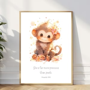 May include: A watercolour illustration of a brown monkey with pink flowers in its hair. The monkey is sitting on a bed of pink flowers. The text "She is far more precious than jewels. Proverbs 31:10" is printed below the monkey.