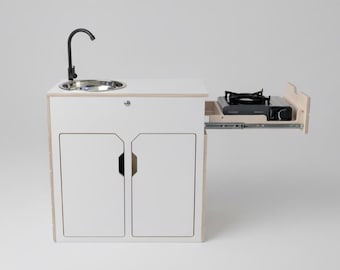 Compact kitchen module for campers & vans - handcrafted camping kitchen, including water cooking system