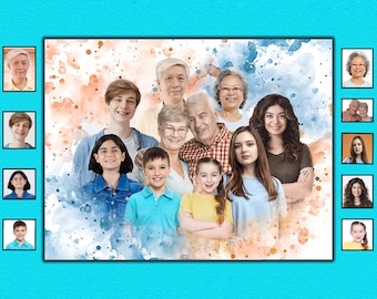 Personalized Family Painting in Digital Watercolor, Memorial Portrait From Multiple Photos for Birthday gift