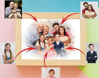Custom Family Portrait into digital watercolor, Combine Relatives From Different Photos to Family Artwork